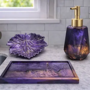 Purple & Bronze Vanity Organizer Set Makeup Brush Holder Bathroom Aesthetic Decor