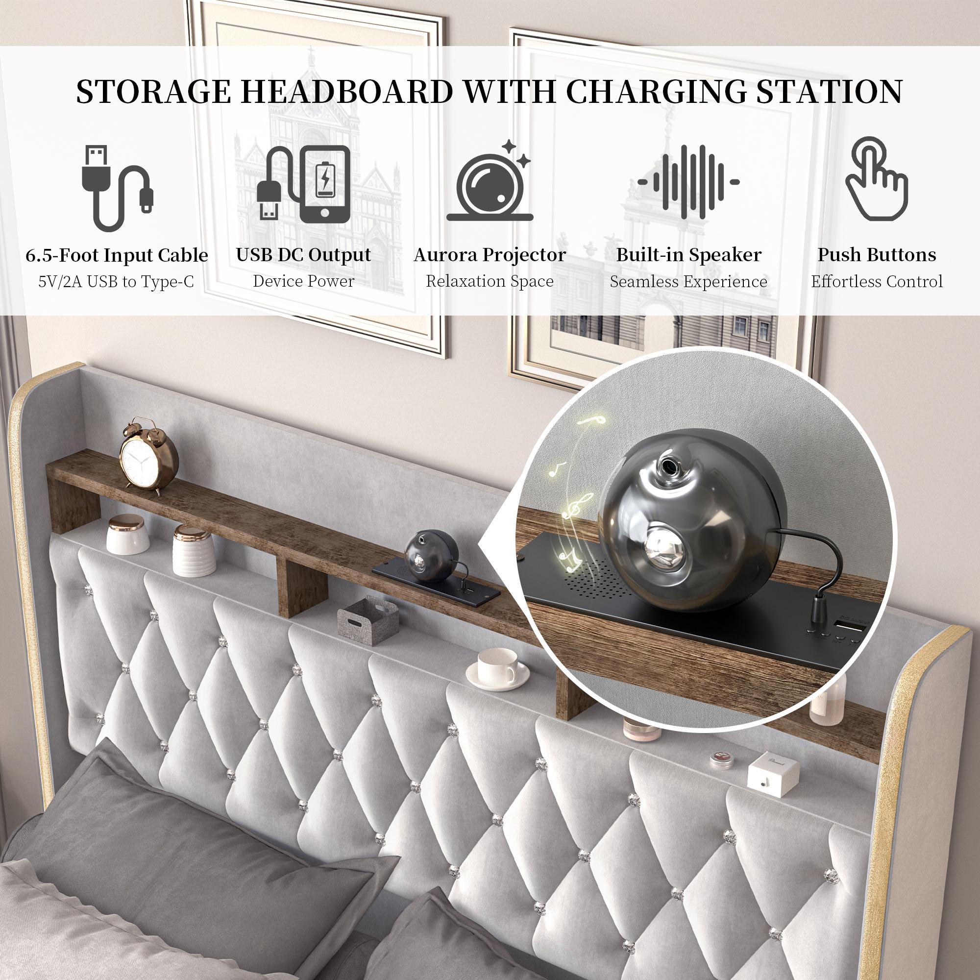 Queen LED Bed Frame with Storage Drawers, Full Size Upholstered Platform Beds with Galaxy Star Projector Charging Station Speaker, King Aurora Bedframe with 2-Tier Storage Headboard, Twin Bed, Noise-Free, PU Leather White Black, Velvet Gray Pink