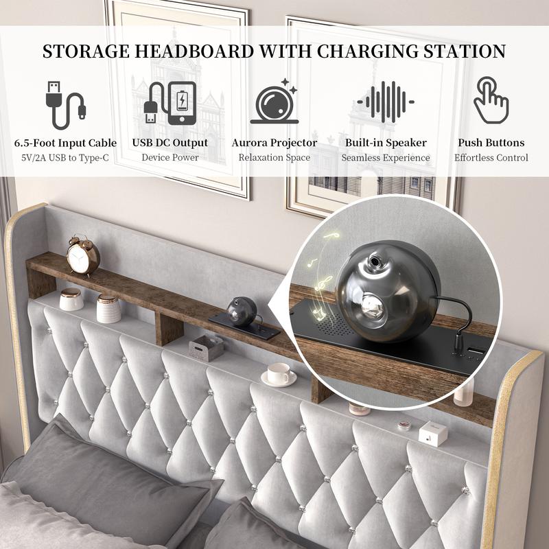 Queen LED Bed Frame with Storage Drawers, Full Size Upholstered Platform Beds with Galaxy Star Projector Charging Station Speaker, King Aurora Bedframe with 2-Tier Storage Headboard, Twin Bed, Noise-Free, PU Leather White Black, Velvet Gray Pink