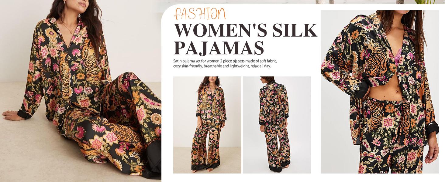 Yimoon  2 Piece Satin Pajama Set for Women Silk Pajamas Set  Floral Pj Set Long Sleeve Button Down Pjs Sleepwear