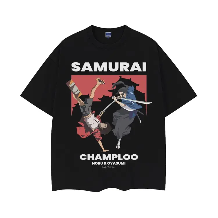 Men's Samurai Champloo "Mugen and Jin" Vintage Oversized Round Neck Short Sleeve Casual Streetwear Tee - 100% Cotton Menswear, Anime Lover Graphic Original Anime Clothing Black Tshirt