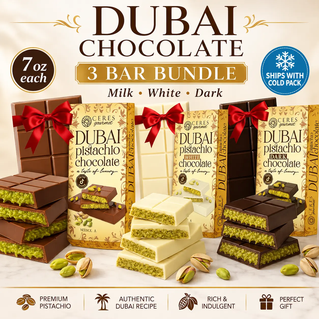 Original Viral Ceres Gourmet Dubai Chocolate 3 Bar Bundle 7oz Each Milk, White & Dark Premium Pistachio Authentic Dubai Recipe Rich Indulgent Perfect Gift