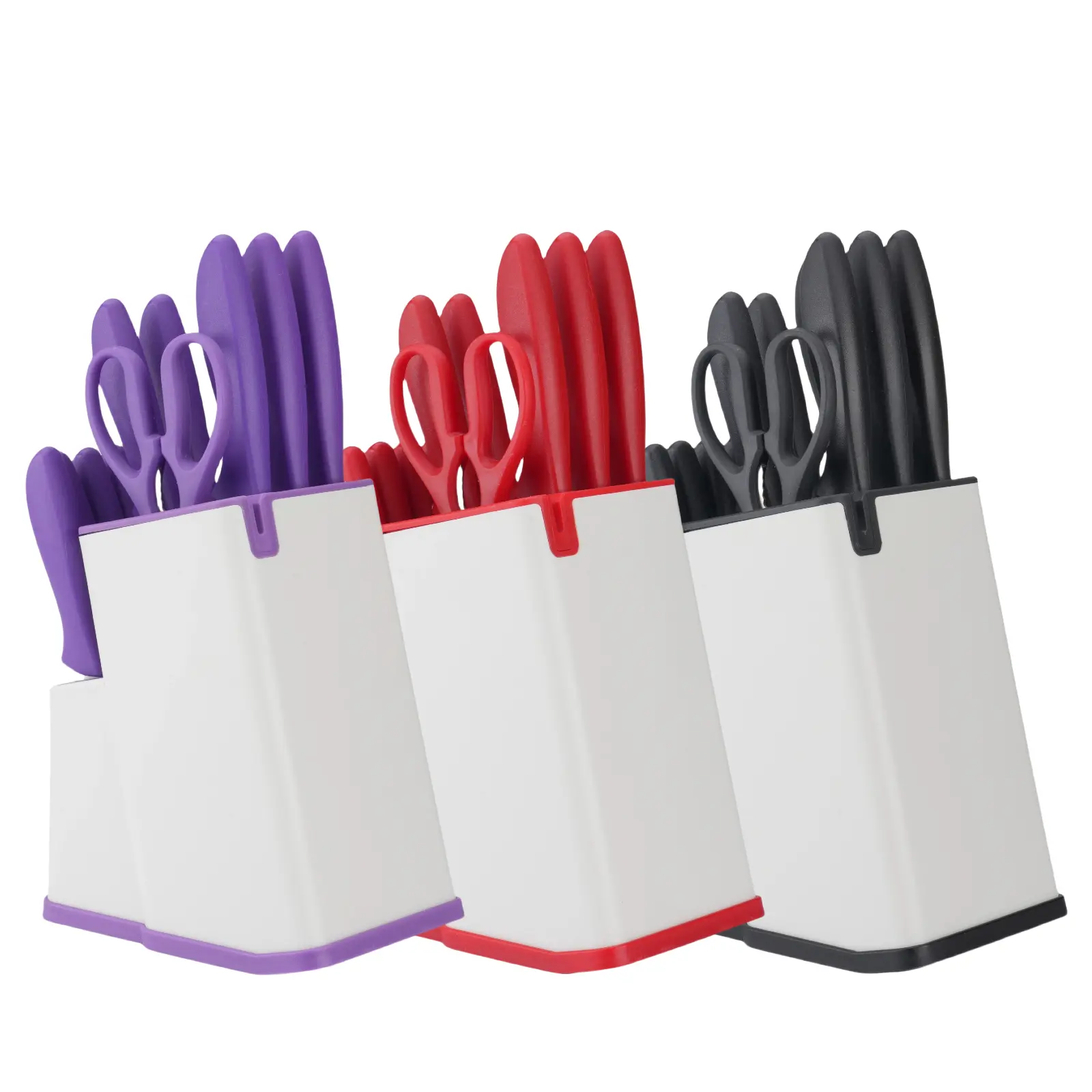 15-Piece Kitchen Knives Block Set with Plastic Handle, Plastic Storage Container, Scissors, Sharpener, Meat Cutter, Veg Cutting & Easy Steak-Cutting Functions, Washable Modern Kitchen Utensils Gift Set