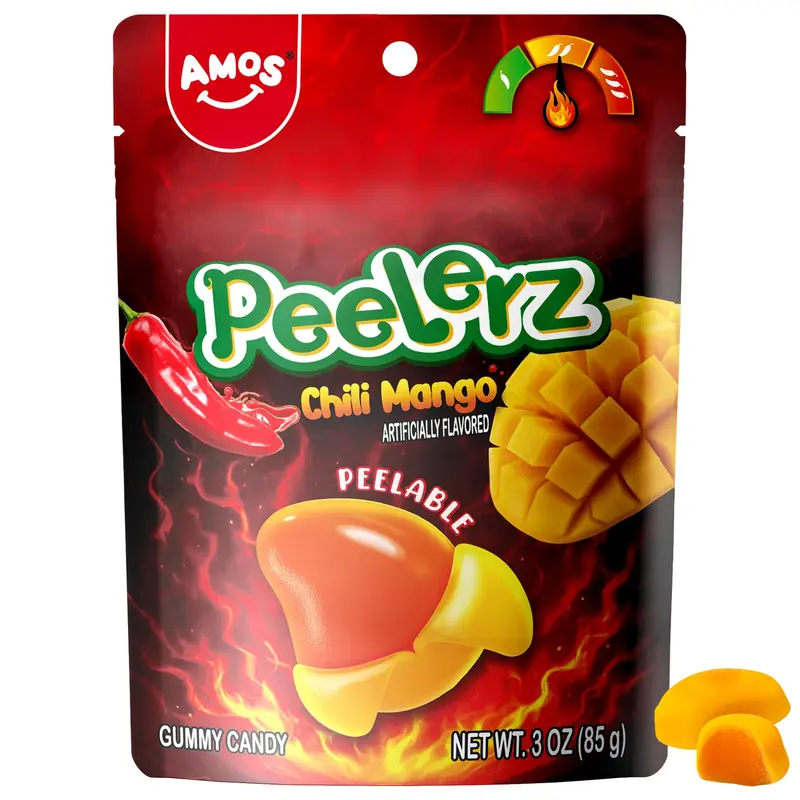 AMOS Peelerz Chili Mango Gummies, Peelable Gummy Candy, Spicy Sweet Mexican Candy-Inspired Flavor, Soft Chewy Novelty Candy Snack, 3 oz (85 g)