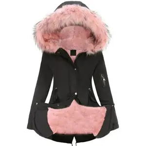 Zip Up Furry Hoodie Parka, Casual Warm Long Sleeve Drawstring Waist Faux Fur Lined Warm Fall/Winter Jacket, Women'sGift