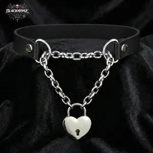 Heart Lock Leather Choker – Dark Goth Collar Necklace with Stainless Steel Chain
