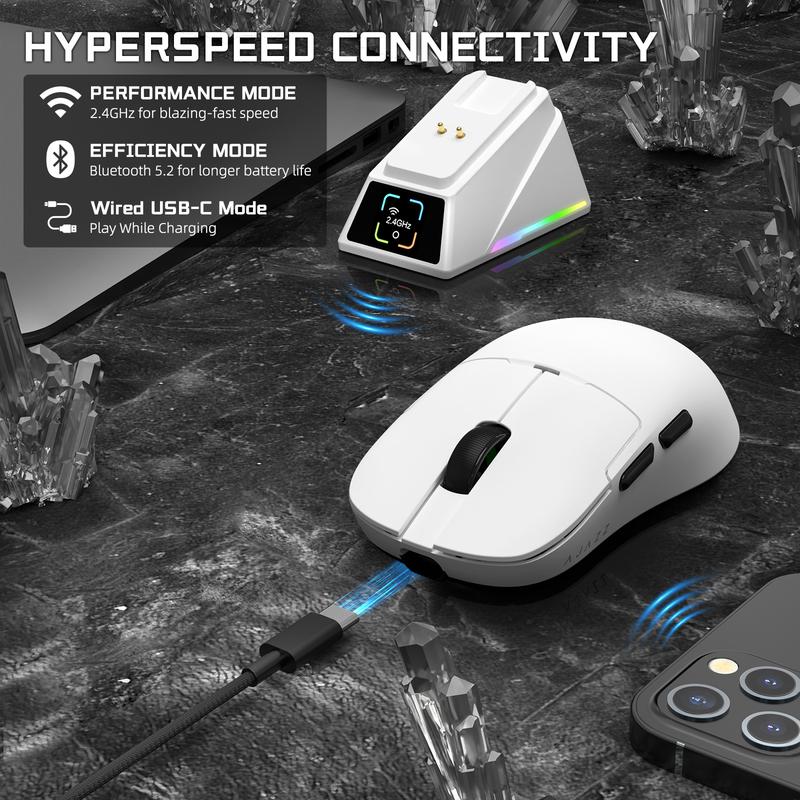 AJAZZ AJ159 APEX Wireless Gaming Mouse with RGB Magnetic Charging Dock, PAW3950APEX Optical Sensor with 42K DPI Max, 56g Lightweight BT/2.4G/USB-C Wired, for PC Mac Gamers