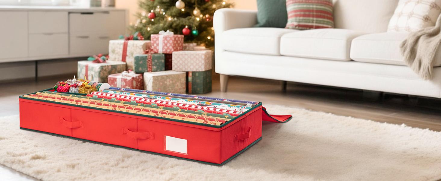 Criusia Gift Wrap Organizer, Christmas Wrapping Paper Storage Bag w/Useful Pockets for Xmas Accessories, Fits upto 24 Rolls, Underbed Storage for Holiday Decorations
