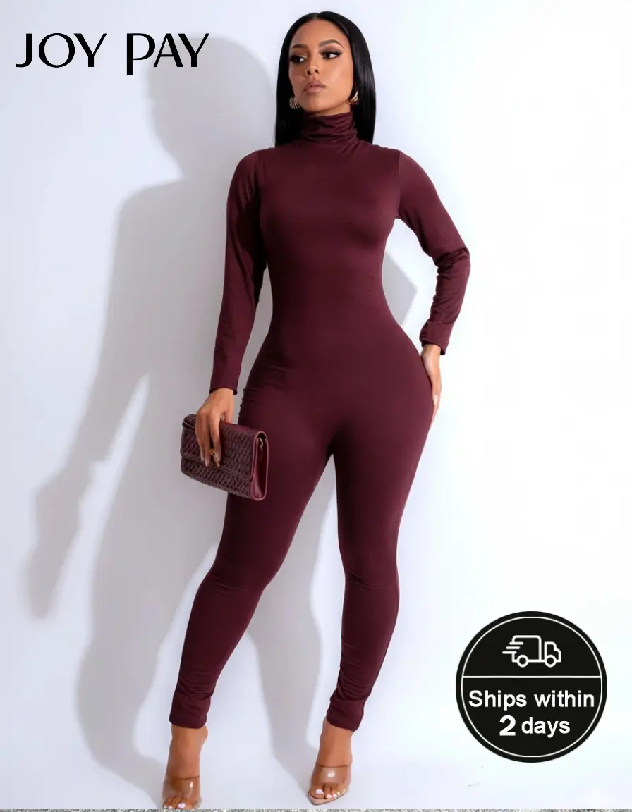 JOYPAY Women's Turtleneck Bodysuit Tops - Chic Long-Sleeve Form-Fitting Full-Length Jumpsuit, Elegant High-Neck Stretch Poly Basic Breathable Fabric, Casual, Minimalist, All-Seasons, Cold Wash, Easy to Dress Up or Down