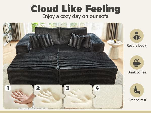【2 Packages Shipping】Ovios 75" Oversized Sectional Double Lounge Chaise with Cloud Plush Sofa Bed,  Boneless Couch No Assembly Required, Fluffy Modern Sleeper Loveseat Chair for Indoor Living Room Bedroom Movie