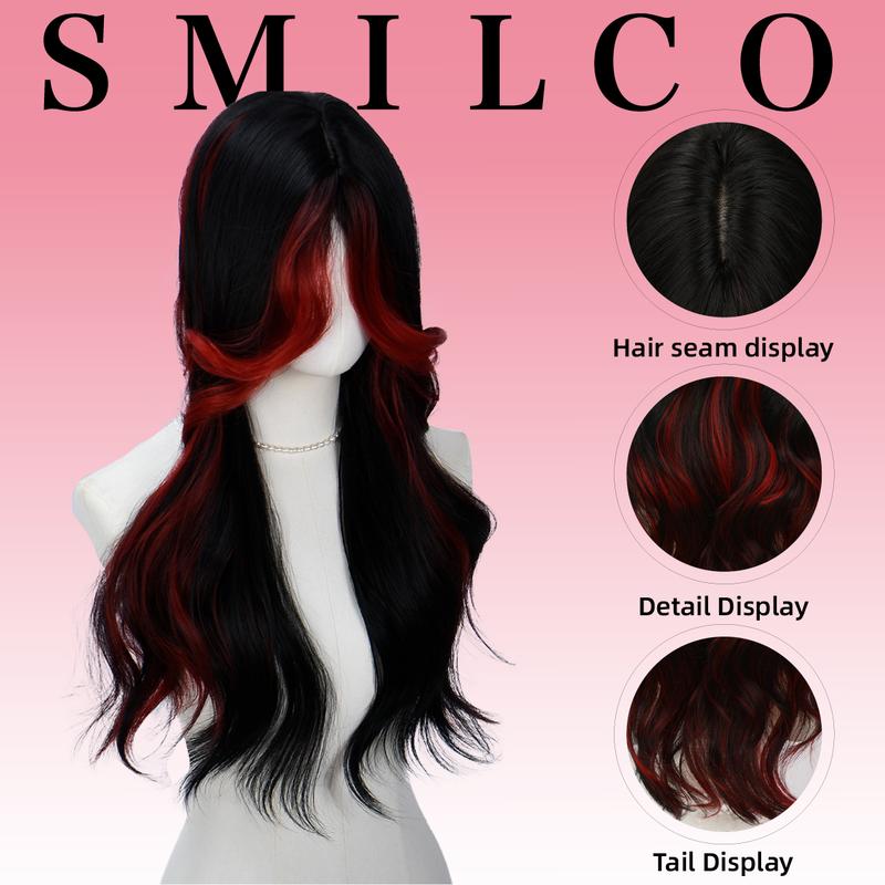 SMILCO 26" Wavy Black & Red Highlights Synthetic Wig Middle Part Glueless Natural-Looking Scalp Full Machine Cap Adjustable Straps Breathable Cap Vibrant Color Soft Texture SM398 SM5029
