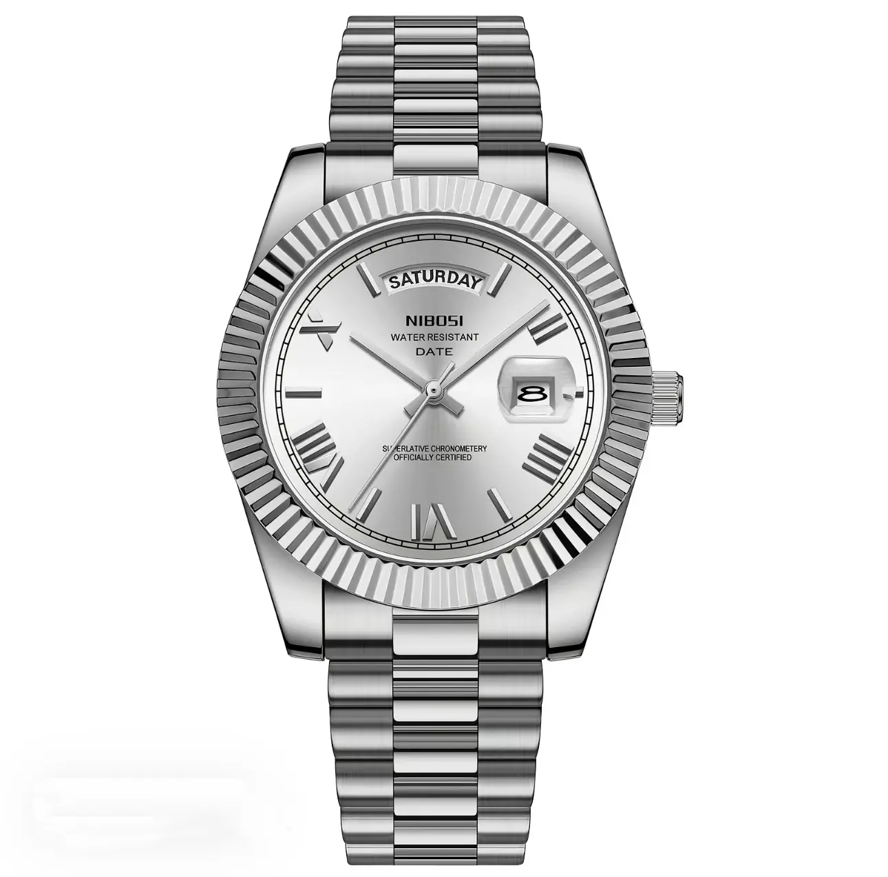 Men's Water Resistant Date Watch with Roman Numerals and Stainless Steel Bracelet