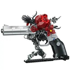 Guns & Petals Decorative Revolver Building Blocks with Red Roses, Silver and Black Colored Art Sculpture, Gothic Style Display Piece