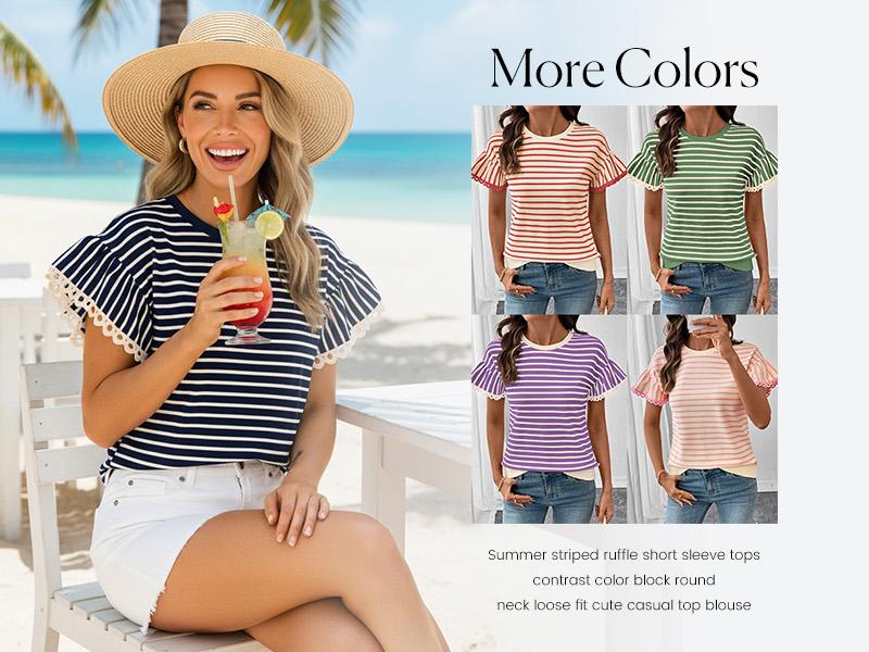 Shewin 2026 Spring/Summer Women's Casual Striped Ruffle Sleeve Top - Round Neck Loose Fit Cotton Ribbed Knit T-Shirt with Lace Trimmed Flounce Sleeves for Daily Wear SpringStatements