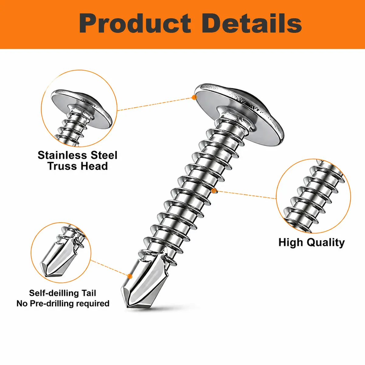 Industrial 200-Piece Carbon Steel Self-Drilling Tek Screws Set - Heavy-Duty Truss Head Fasteners with Self-Drilling Start for Drywall, Factory Maintenance, Daily Assembly