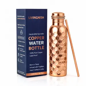 Honeycomb (Shiny) 100% Pure Ayurvedic Copper Water Bottle with Free Straw and Canvas Bag