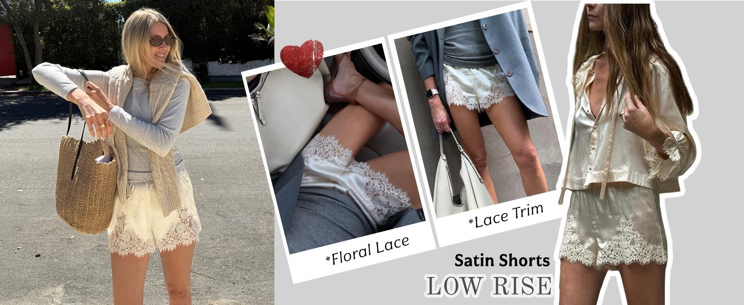 Satin Silk Lace Shorts for Women YeeZaa Y2K Cute Coquette Satin Shorts 2026 Spring Summer Low Rise Lace Trim French Knickers Micro Mini Lounge Pajama Style Short
