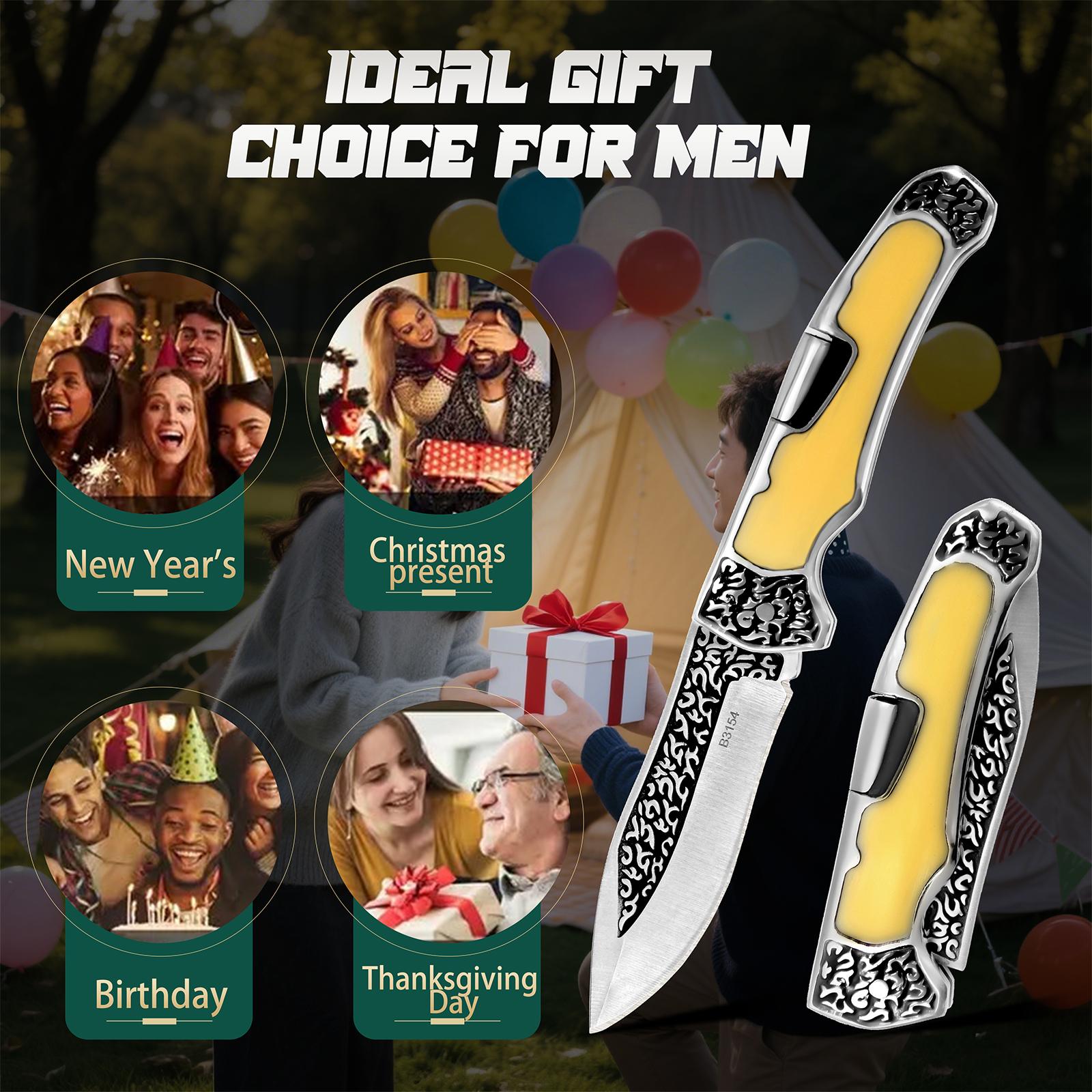 Exquisite carved pattern kitchen fruit knife, sharp blade, easy to cut meat, suitable for outdoor barbecue, camping, hiking, men's gift