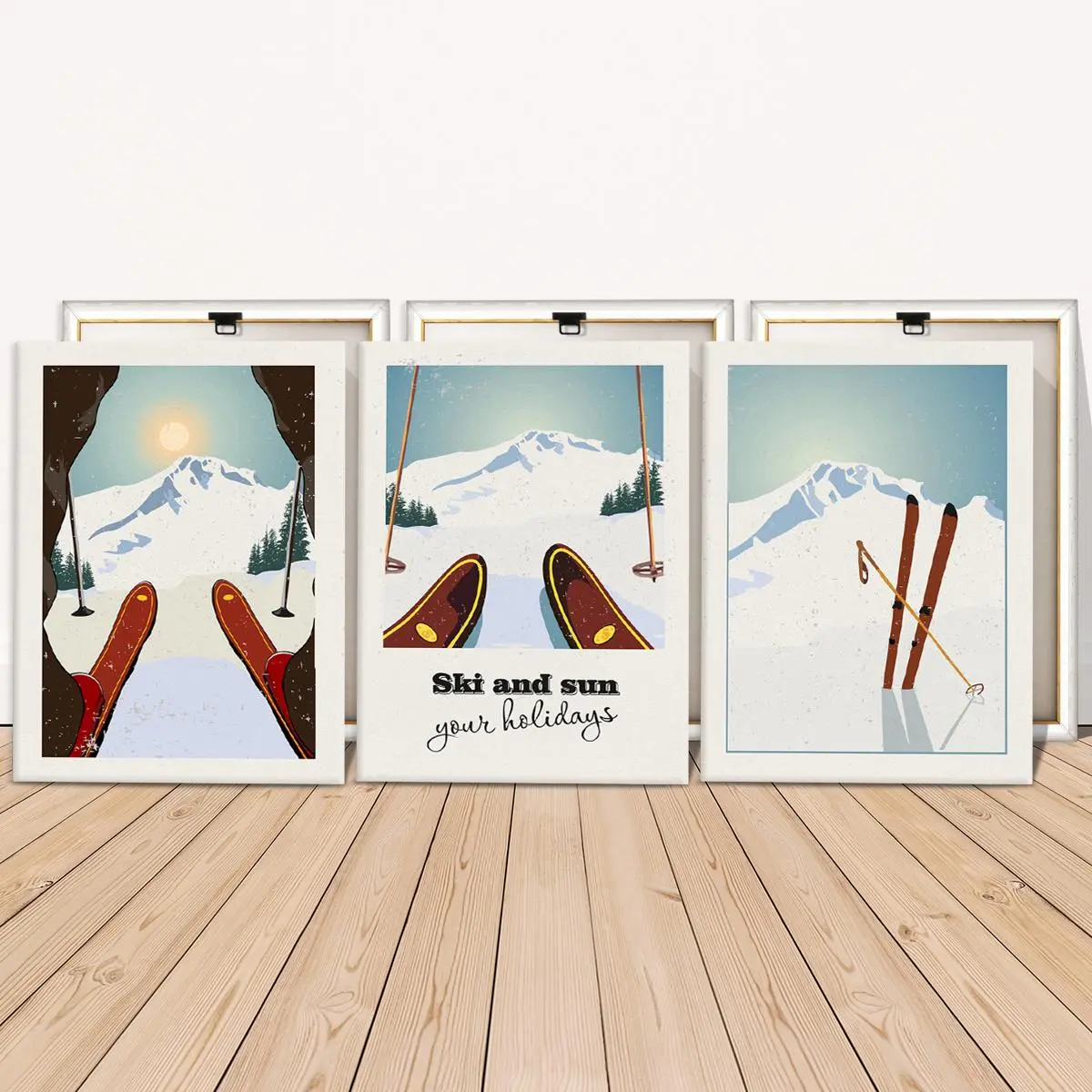 Wooden Framed Canvas Painting, 3 Counts Ski & Sun Pattern Wall Art, Wall Decor for Home Living Room Bedroom Office