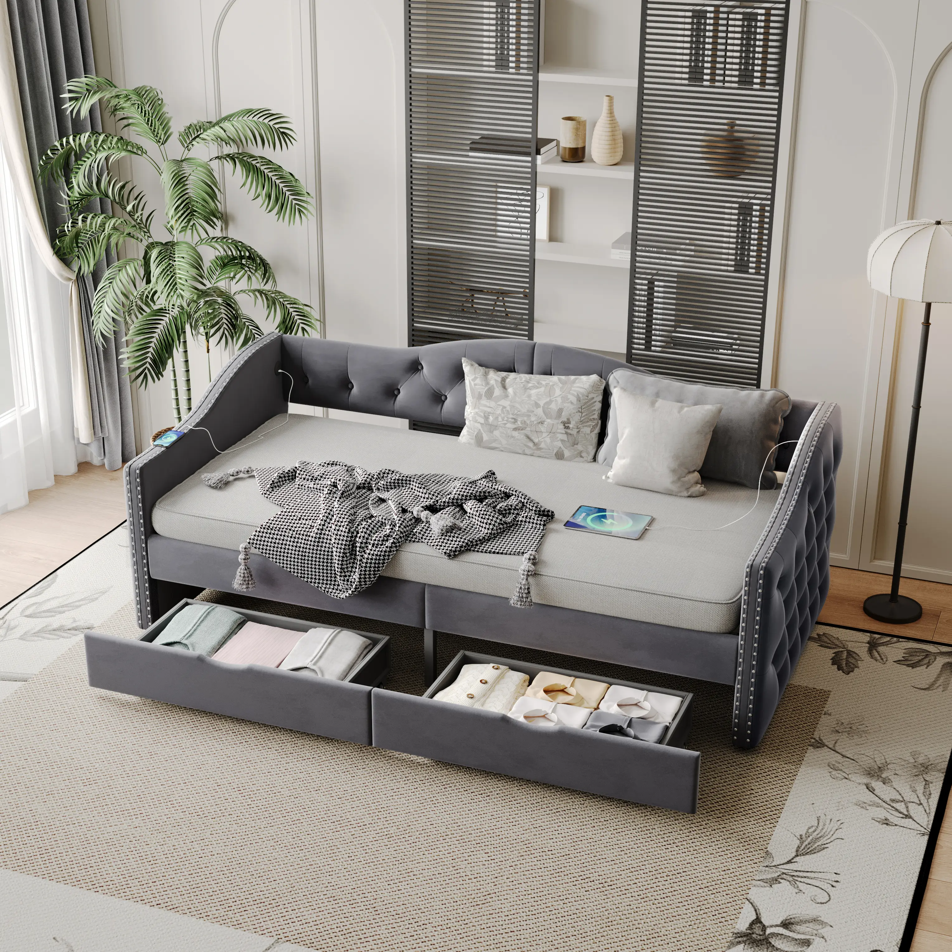 Vintage Upholstered Twin Size Grey Daybed with Drawer Storage, Wood Frame, Bedframe, Box Spring-Free Setup, Daybed Frame Turns Space Into a Bed