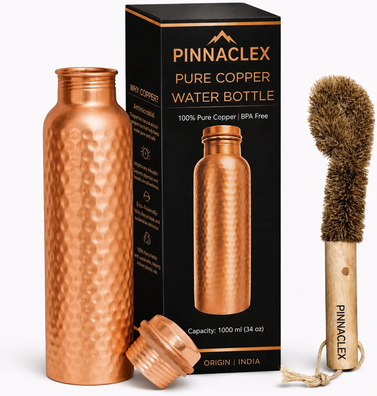 Hammered Pure Copper Water Bottle 34 Oz with Free Cleaning Brush  100% Pure Copper Drinking Bottle | Leak Proof Ayurvedic Flask | Metal Water Bottle for Gym, Yoga, Office & Travel