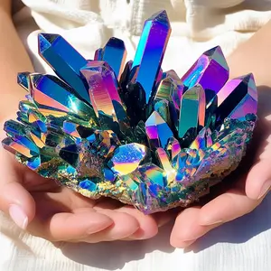 Rainbow Aura Titanium Quartz Cluster | Natural Electroplated Crystal Healing Stone Home Decor