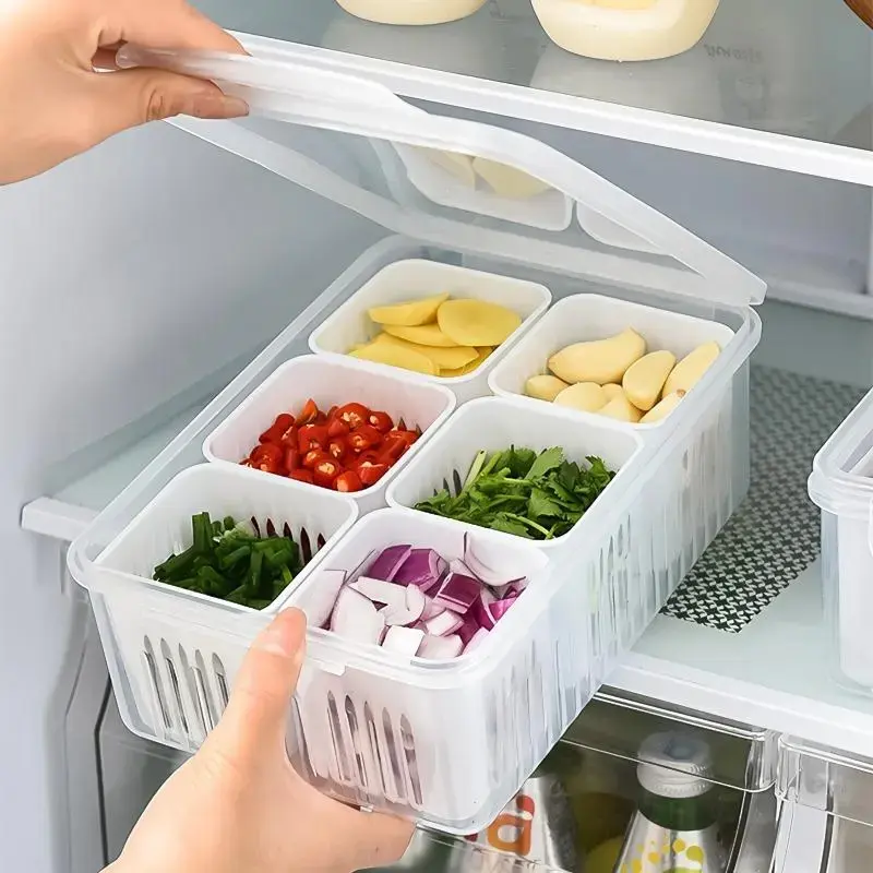6-Compartment Refrigerator Food Storage Box, Clear Stackable Fridge Organizer with Lid, Removable Drainage Baskets for Vegetable, Fruit, Onion & Garlic Prep (1 Pack)