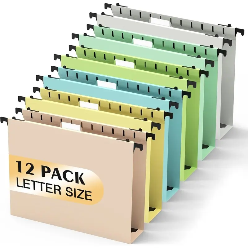 Hanging File Folders, 12 Pack Heavy Duty Plastic Letter Size Hanging File Folders with Tabs, 2" Expandable File Cabinet Organizer in Modern Muted Colors for Office Organization, Home Office & Document Storage