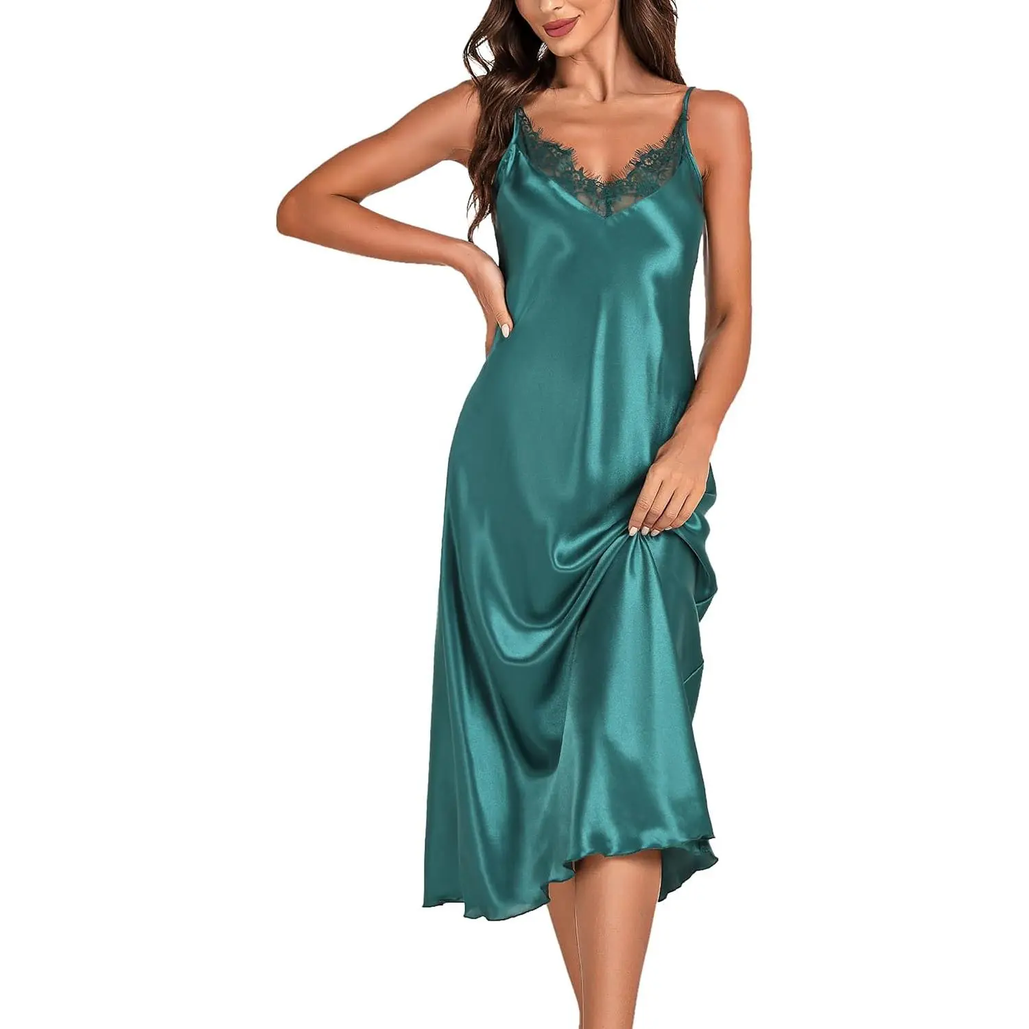 MARVMYS Women's Silky Satin Sleeveless Regular Fit Long Nightgown - 1-Piece All Season Evening Lingerie Slip, Chic Basic Style, Light Elegant Fabric, Lace Trim, Adjustable Spaghetti Straps for Nightwear & Loungewear