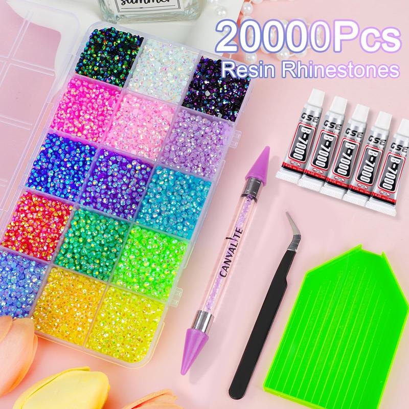 20000Pcs Resin Jelly Rhinestones for Bedazzling, Multicolor 3mm Flatback Rainbow Gems, Bedazzling Crystal with 4Pcs 2.5g Jewelry Glue, Rhinestone Picker for DIY Crafting Clothes Shoes Nail Art