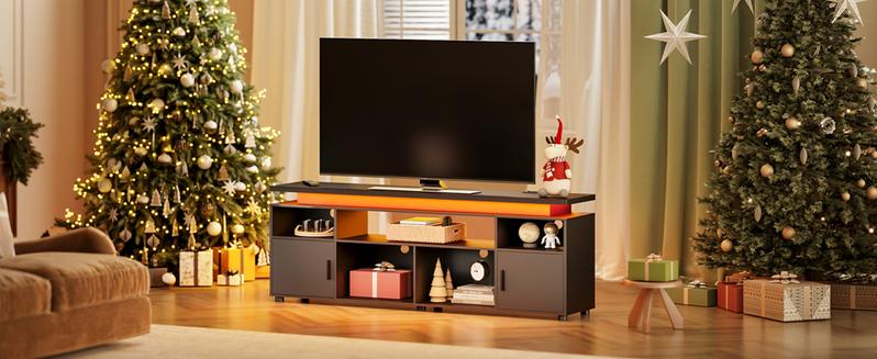 SUNCOZE TV Stand, Entertainment Center with LED Lights and Cabinet for 70/75/80 Inch TV, Modern TV Console Gaming Media Television Stands with Power Outlets for PS5 in Living Room and Bedroom