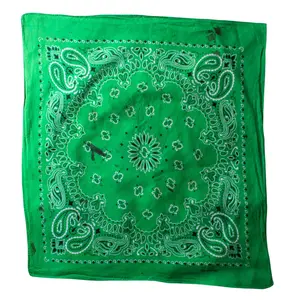 70s/80s Bright Green Distressed Paisley Bandana, 100% Cotton