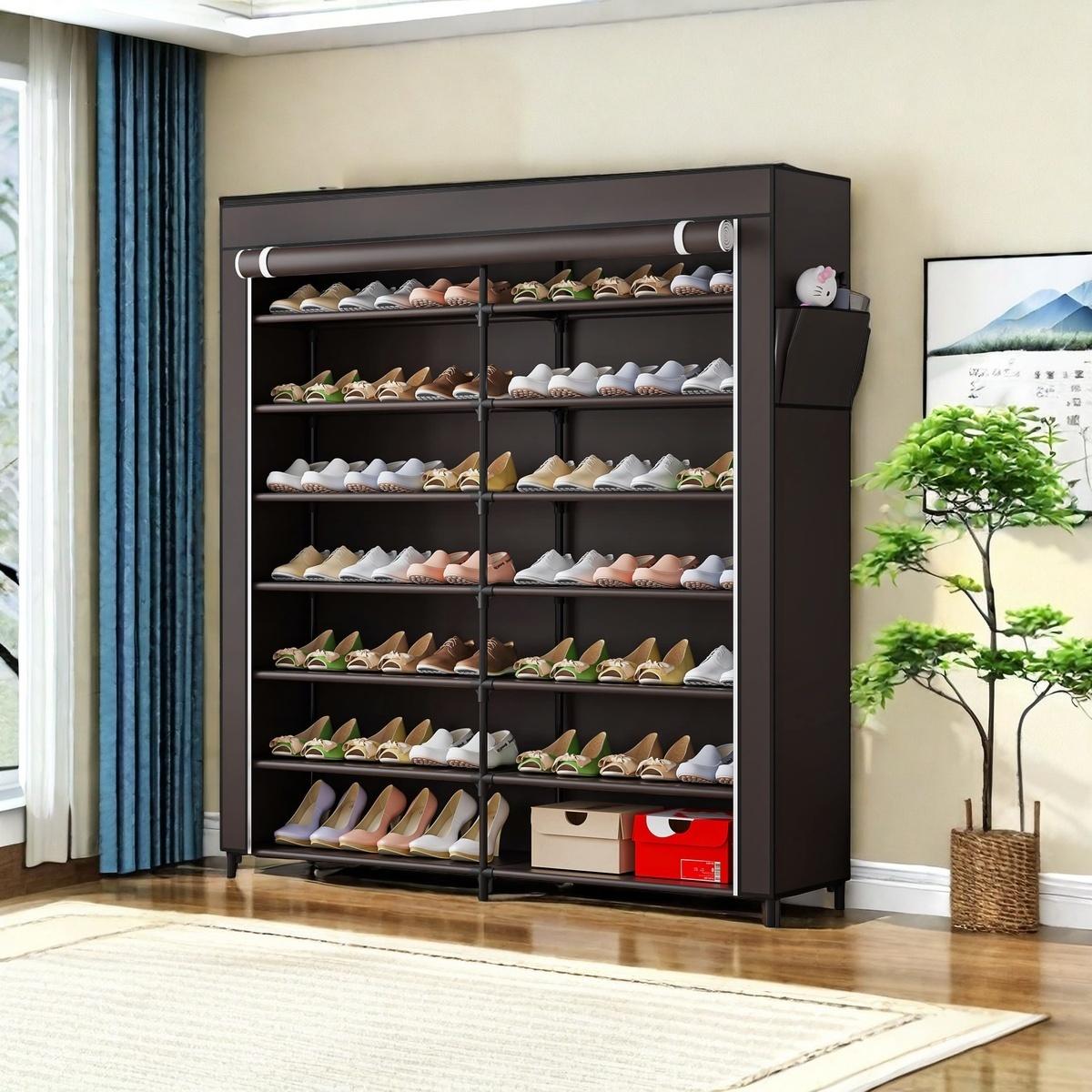 Shoe Rack Storage Organizer 7 Tier 42 Pairs Portable Metal Dust Cover Non Woven with Side Pocket Shoe Shelf Cabinet for Entryway Bedroom Closet, Coffee