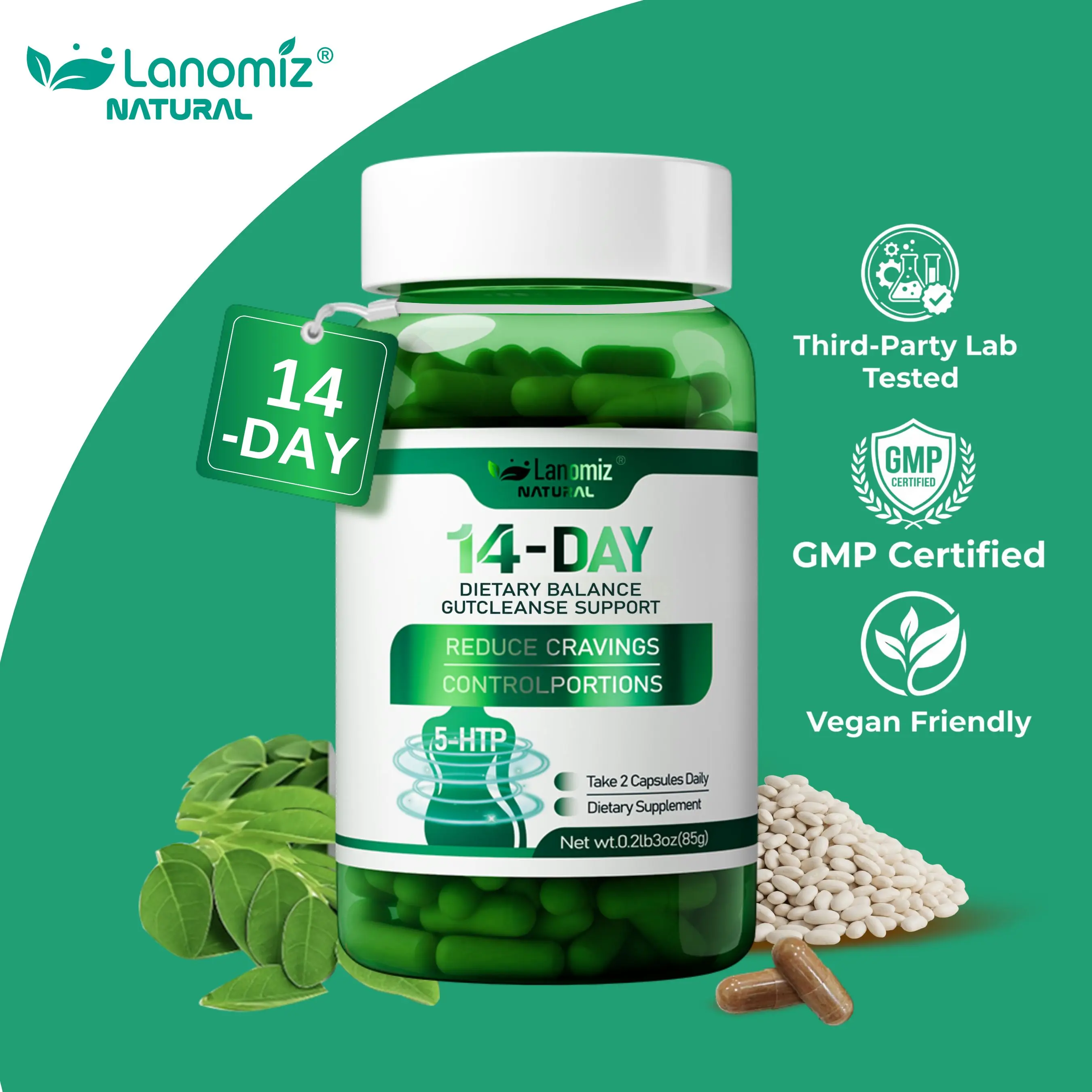 LANOMIZ 5-HTP Plus Formula for Satiety Support & Inner Balance, White Kidney Bean, Probiotics, 60 Capsules, Mood Assist, Vegan, Non-GMO, Gluten-Free - Daily Wellness