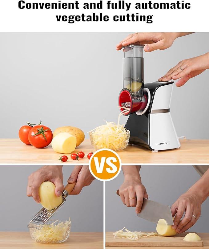 Electric Rotary Grater Salad Shooter - 5-In-1 Multi-Functional Cheese Grater with Safety Push Bar, One-Touch Operation, and Interchangeable Cones Vegetable Slicer Vegetable Cutter Kitchen Utensils small kitchen gadgets