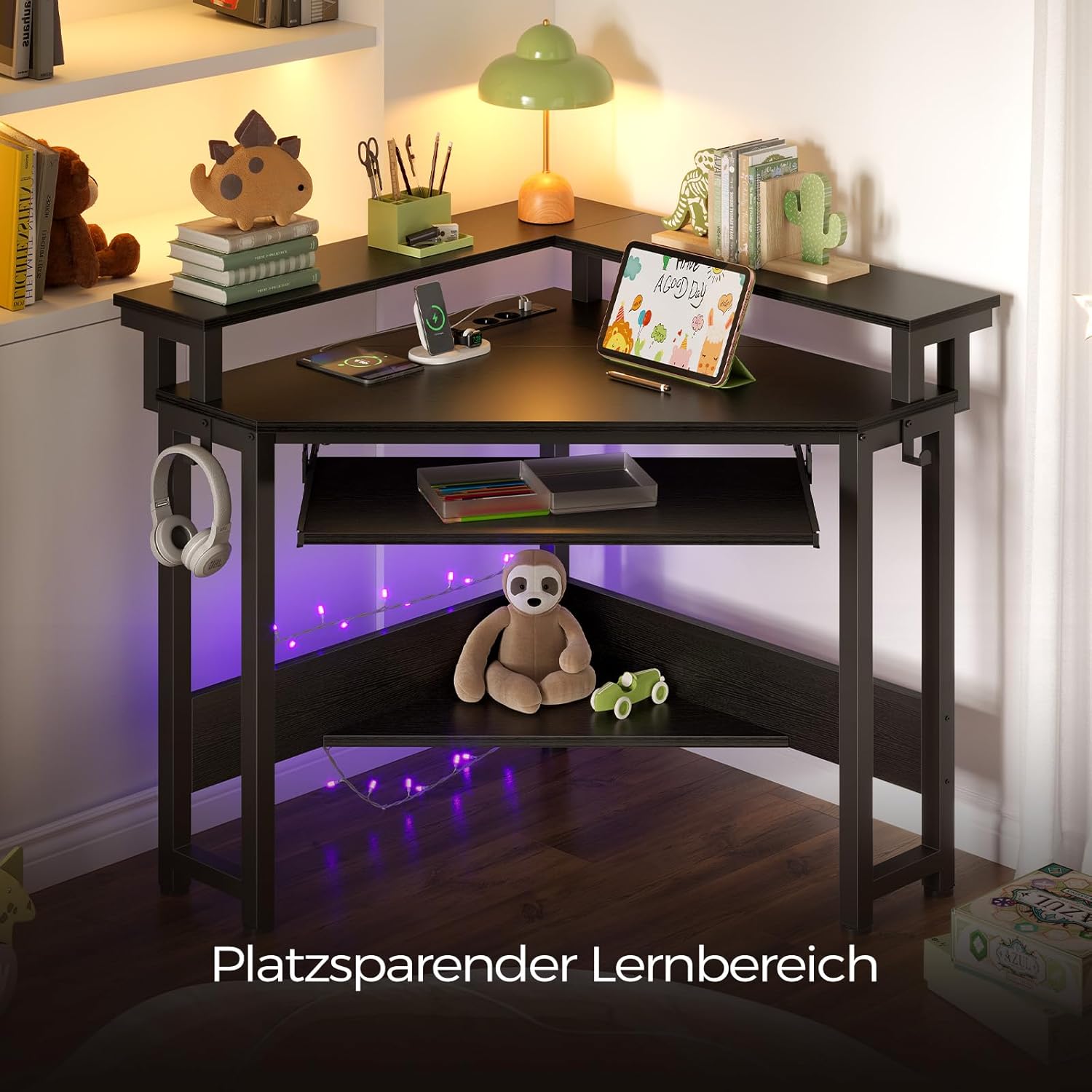 Multi-Functional Corner Desk for Home Office, 4-Color Gaming & Workstation with LED & Power Outlets, 44.5" W Small Space Computer Desk with Keyboard Tray