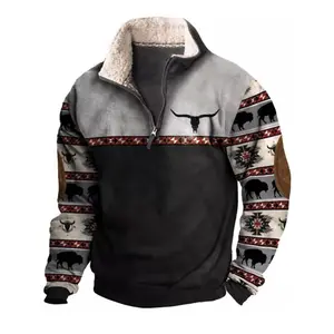Men's Western Fleece Jacket Cowboy Bull Head Print Pullover 1/4 Zip Stand Collar Casual Fashion Long Sleeve Sweatshirts