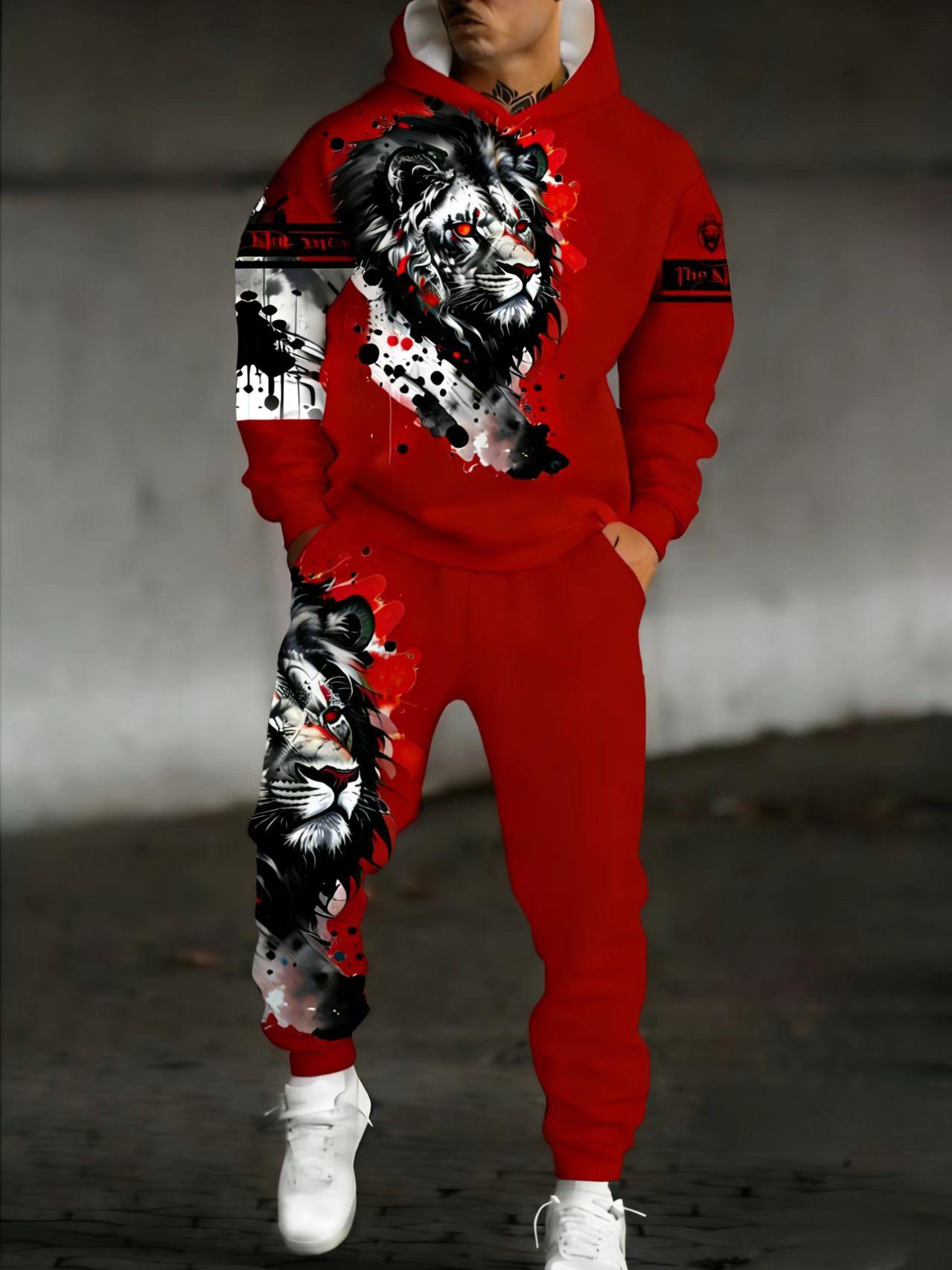 American Street Style Red Lion Print Hoodie Set Men's Casual Sports Two-Piece Suit