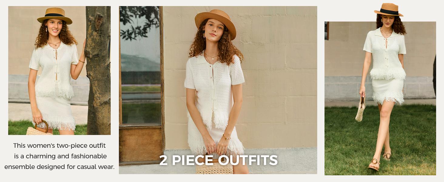 Fisoew Womens 2 Piece Crochet Outfits Short Sleeve Button Knit Sweater Tops Fringe Skirt Summer Vacation Sets Beach Cover Ups