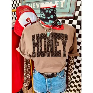 Comfort Colors Retro Honey Checkered Leopard T-Shirt, Honey Country Distressed Cowboy Quote, Western Concert Tee, Southern Tshirt