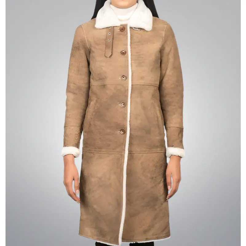 Cuir Jackets Shearling Fur Leather Coat for Women - Premium Sheepskin with Plush Polyester Interior & Handstitched Notch Collar - Fitted Long Sleeve Jacket with Buttons & Pockets - Casual & Vintage Style