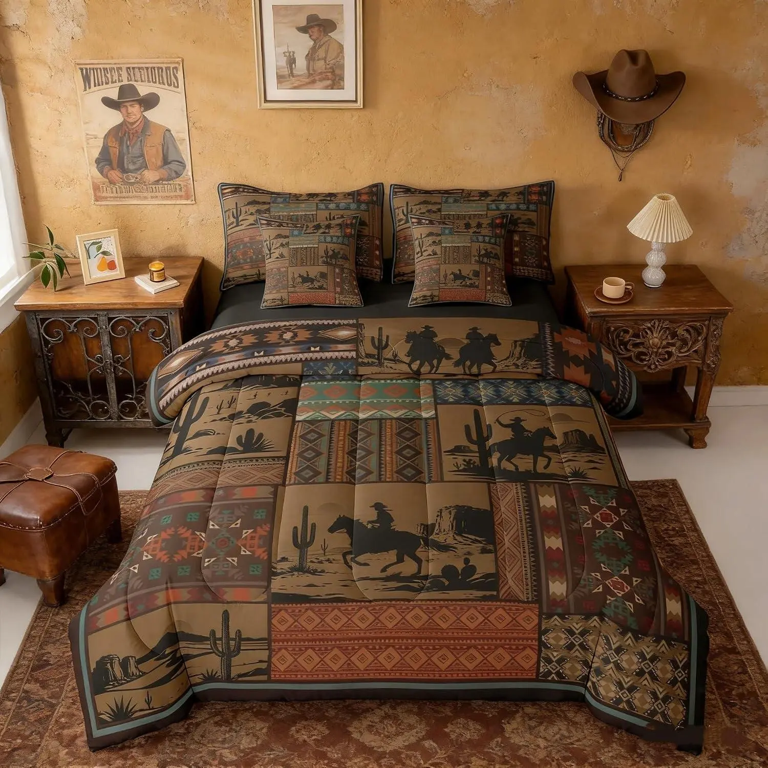 Boho Western Comforter Set with Sheets 7 Piece Rustic Aztec Cow Bed in a Bag Southwestern Vintage Bedding Set Country Horse Bedroom Decor Burnt Orange Soft Microfiber