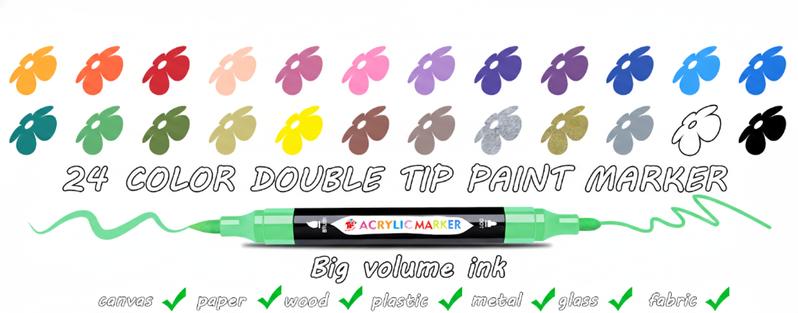 24pc Dual Tip Acrylic Paint Markers – Non-Toxic Professional Paint Pens for DIY, Arts & Crafts, Multi-Surface Markers coloring - Dual-Tip Set