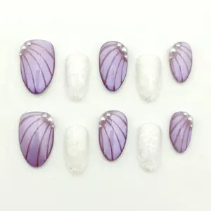 Moonovate | LAVENDER SHELL 10pcs Handmade Press On Nails Almond Nails REUSABLE 3D Gel Fake Nails Acrylic Press On Nails											