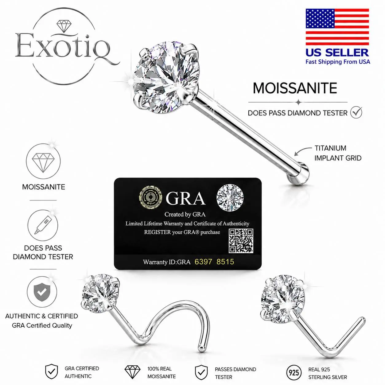 18G L-Shape Titanium Nose Stud L Shape,Corkscrew,Bol at the end, Diamond Test-Passing Moissanite Stone Body Jewelry Accessories