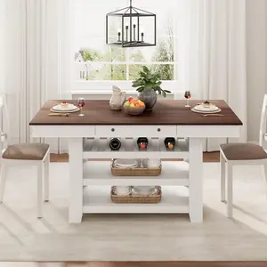 Garvee 60" Counter Height Dining Table for 4, Farmhouse Rectangular Bar Height Kitchen Table & Thick Table Top, With Deepened Wine Rack & Shelves for Kitchen, Bar,Retro White & Brown