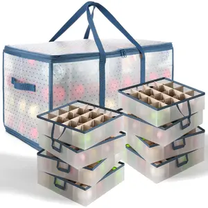 Large Christmas Ornament Storage Box With Adjustable Dividers - Durable Plastic Container For 128 Ornaments - Easy Access Hooks & Clear Label Slot - 25.5x12.9x13.5 Inches