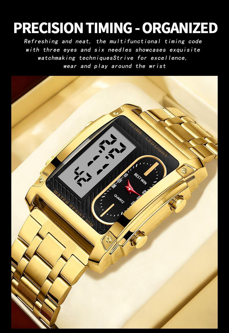 men's square creative dual-movement multifunctional sports watch, featuring a luxurious triple-time design, water resistance, luminous dial, ​Exuding a minimalist aesthetic, it is elegant, durable, and the perfect choice for everyday wear.​​ digital quart