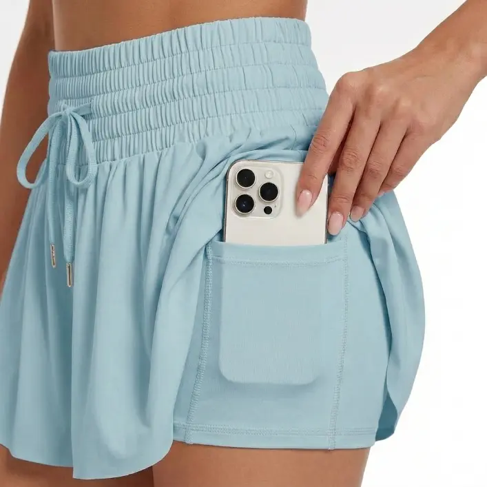 Women High Waisted 2-in-1 Athletic Shorts, Flowy Quick Dry Workout Running Shorts with Pockets, Elastic Drawstring Casual Lounge Shorts for Tennis Golf Hiking Summer