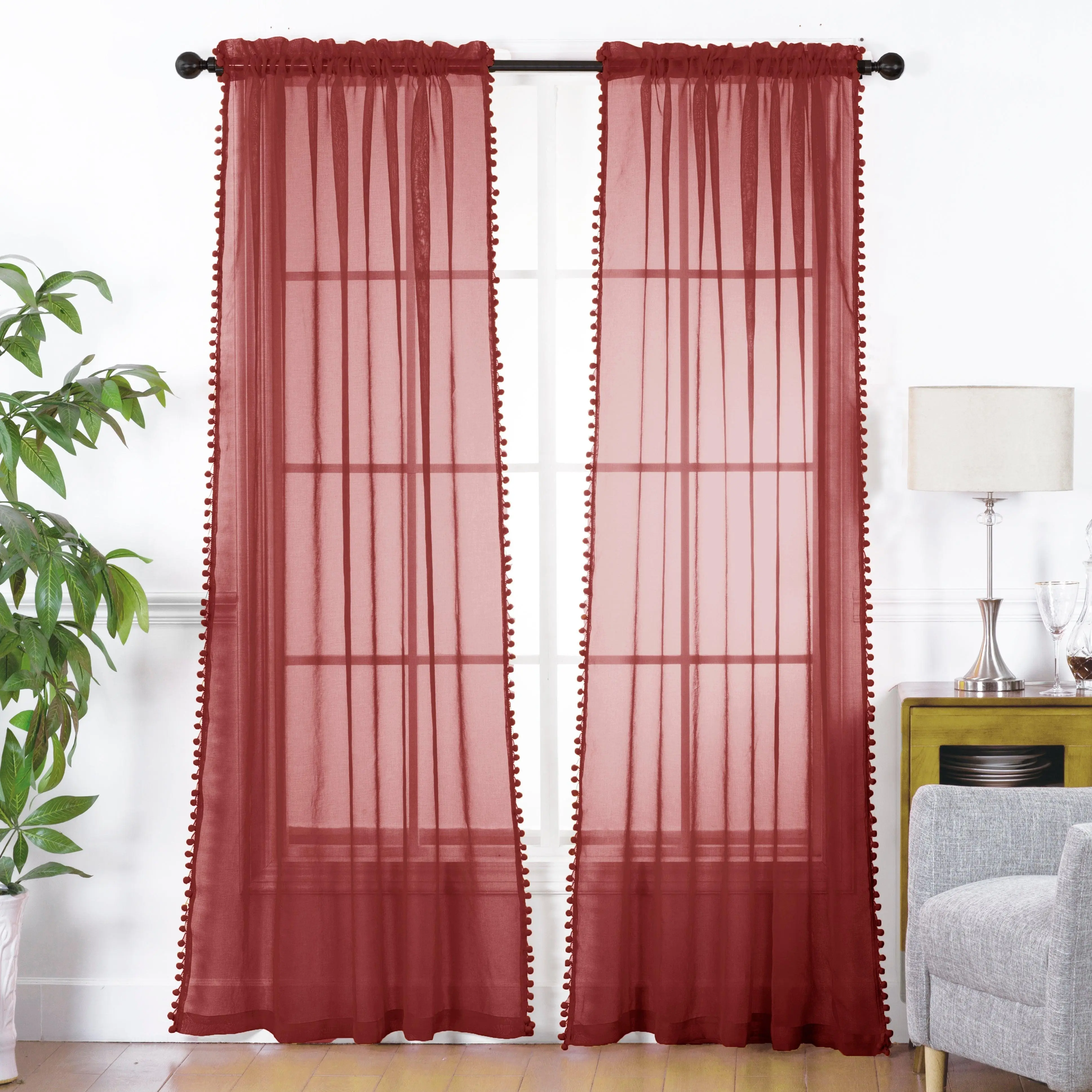 Elegant Comfort Set of 2 Pom Pom Tasseled Sheer Curtains - Light-Filtering Rod Pocket, Light-Filtering Privacy Panels
